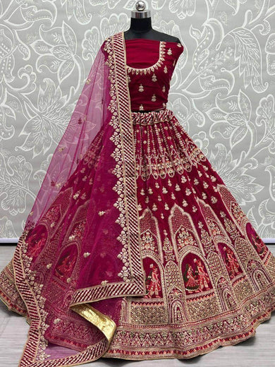 Breathtaking Hot Pink Zari Work Velvet Bridal Lehenga Choli