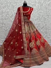 Mystique Red Metallic Zari Embroidered Velvet Bridal Lehenga Choli
