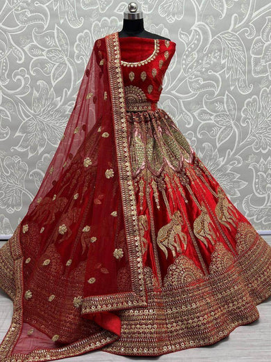 Mystique Red Metallic Zari Embroidered Velvet Bridal Lehenga Choli