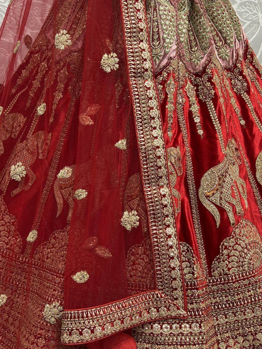 Red velvet lehenga with gold elephant embroidery and heavy zari work, perfect for Indian weddings
