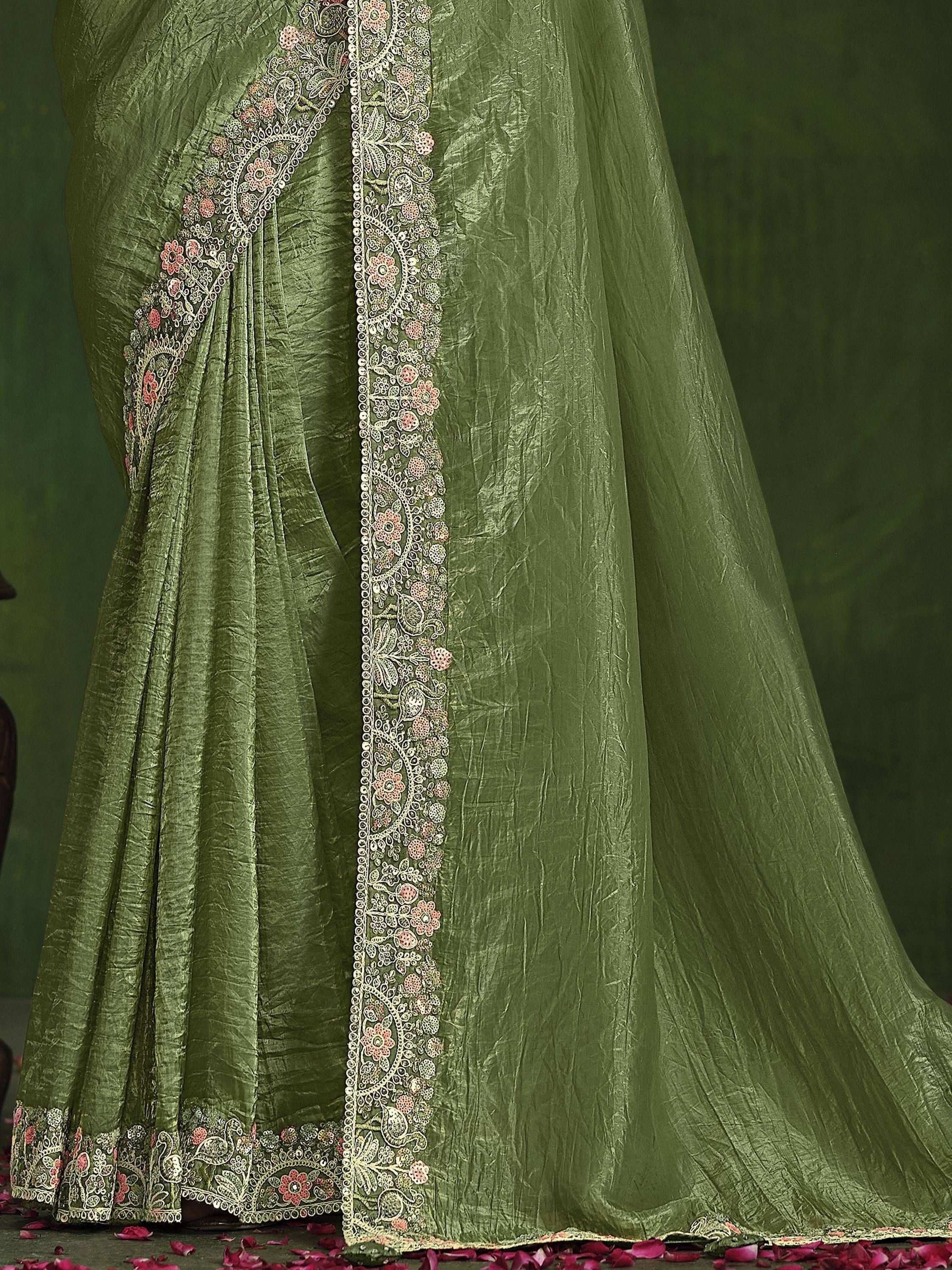 Olive green saree with floral embroidery and pink rose petals, Indian ethnic wear