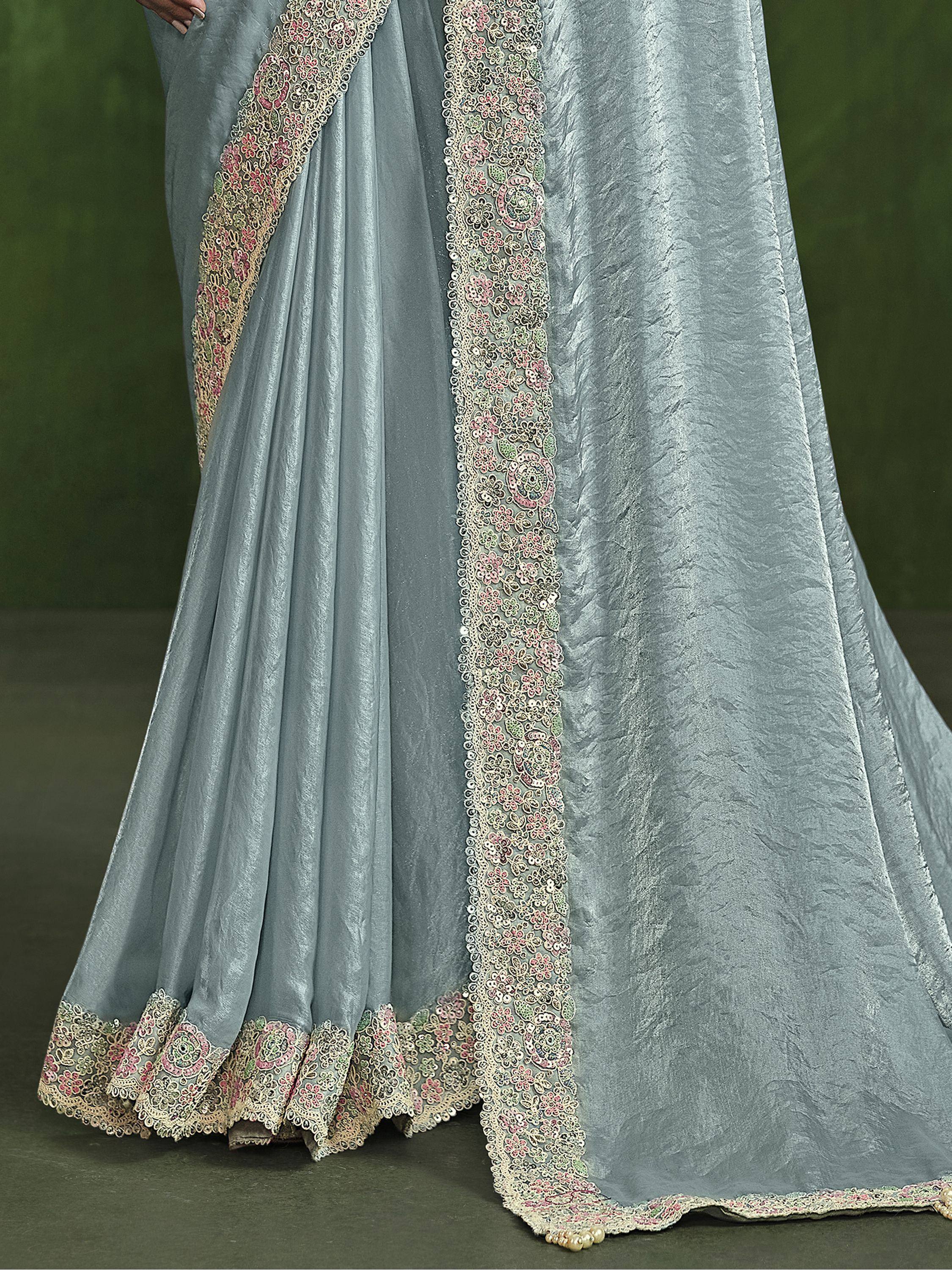Grey saree with floral embroidery and lace border, Indian ethnic wear