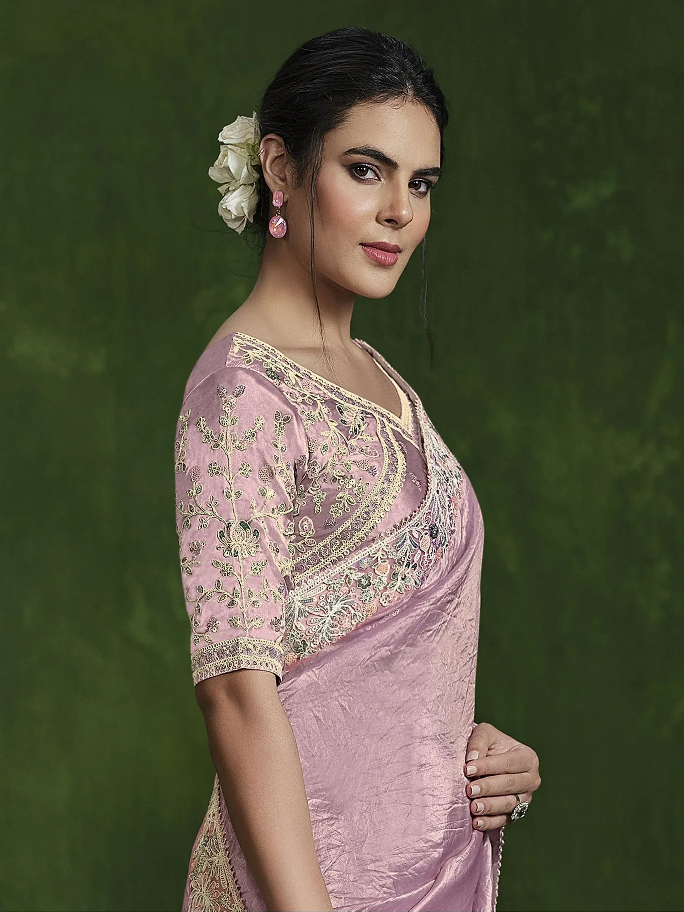 Pink embroidered saree with gold floral work, perfect for Indian ethnic wear occasions
