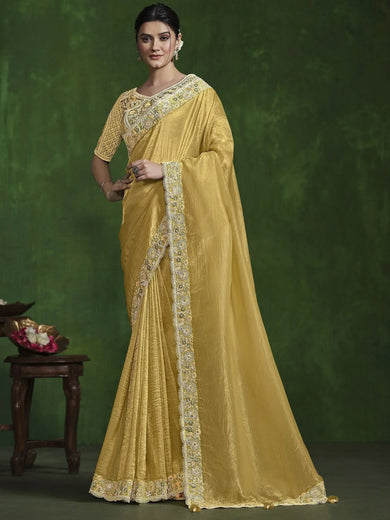 Fantastic Mustard Sequins Silk Function Wear Saree With Blouse