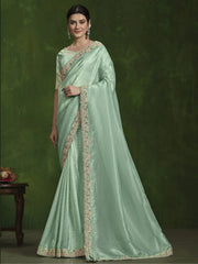 Glorious Light Green Sequins Silk Wedding Wear Saree With Blouse