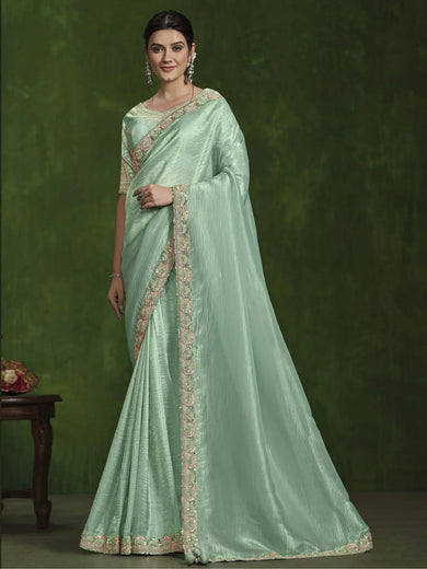 Glorious Light Green Sequins Silk Wedding Wear Saree With Blouse