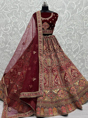 Gorgeous Maroon Fancy Embroidered Velvet Bridal Lehenga Choli