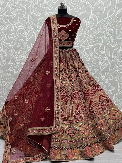 Gorgeous Maroon Fancy Embroidered Velvet Bridal Lehenga Choli