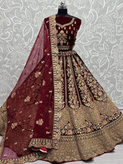 Splendid Maroon Fancy Embroidered Velvet Bridal Lehenga Choli