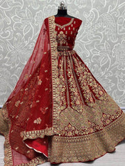 Sassy Red Fancy Embroidered Velvet Bridal Lehenga Choli