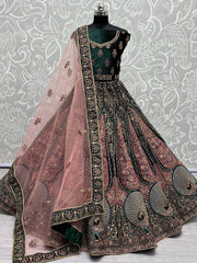 Opulent Dark Green Zari Embroidered Velvet Bridal Lehenga Choli