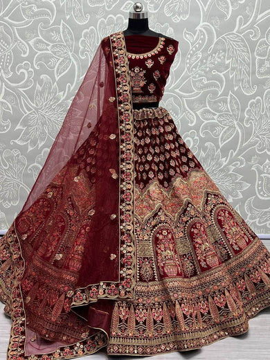 Glamorous Maroon Multi-Work Velvet Bridal Lehenga Choli
