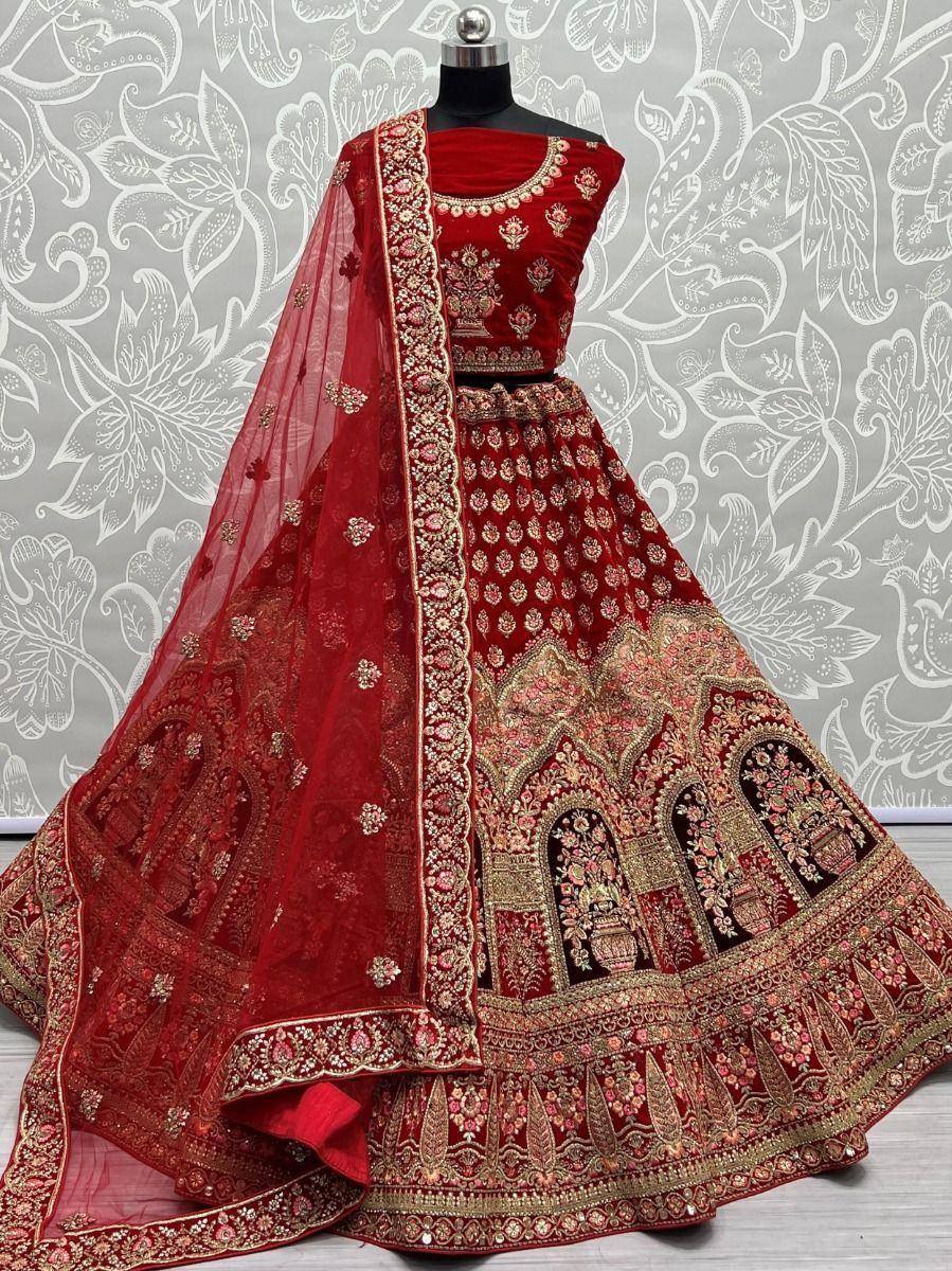 Red embroidered lehenga choli with gold detailing and sheer dupatta, Indian ethnic wear