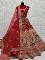 Winsome Red Multi-Work Velvet Bridal Lehenga Choli