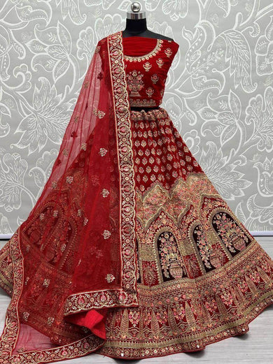 Winsome Red Multi-Work Velvet Bridal Lehenga Choli