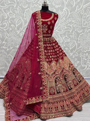 Seductive Hot Pink Multi Embroidered Velvet Bridal Lehenga