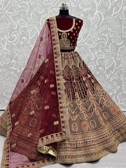 Imperial Maroon Fancy Embroidery Velvet Bridal Lehenga Choli