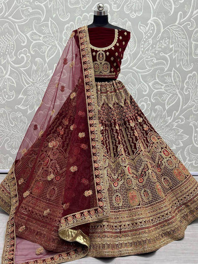 Imperial Maroon Fancy Embroidery Velvet Bridal Lehenga Choli