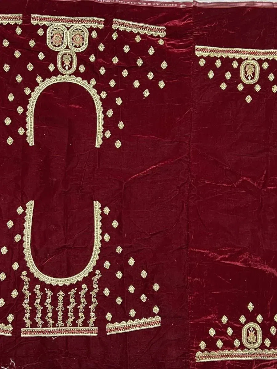Maroon velvet salwar kameez with gold embroidery, designer ethnic wear for women