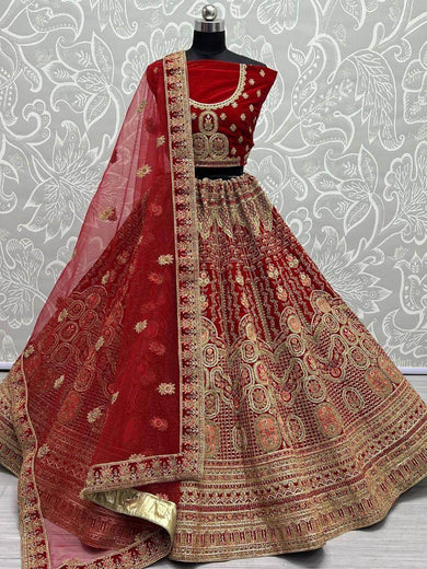 Majestic Red Fancy Embroidery Velvet Bridal Lehenga Choli