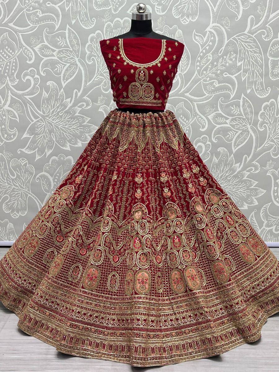 Red velvet lehenga choli with gold embroidery, Indian ethnic wear for weddings and festivals