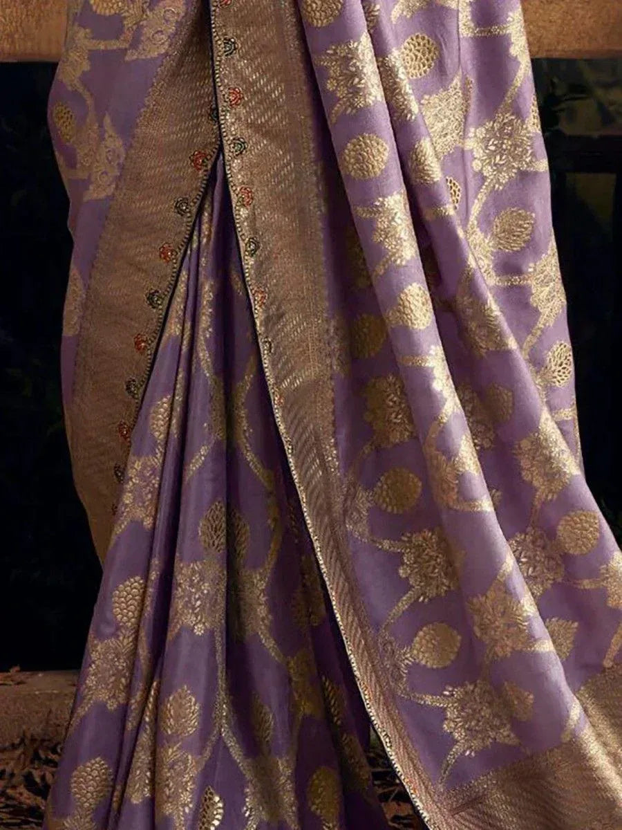 Purple saree with gold floral embroidery and woven border, ideal for Indian ethnic wear occasions