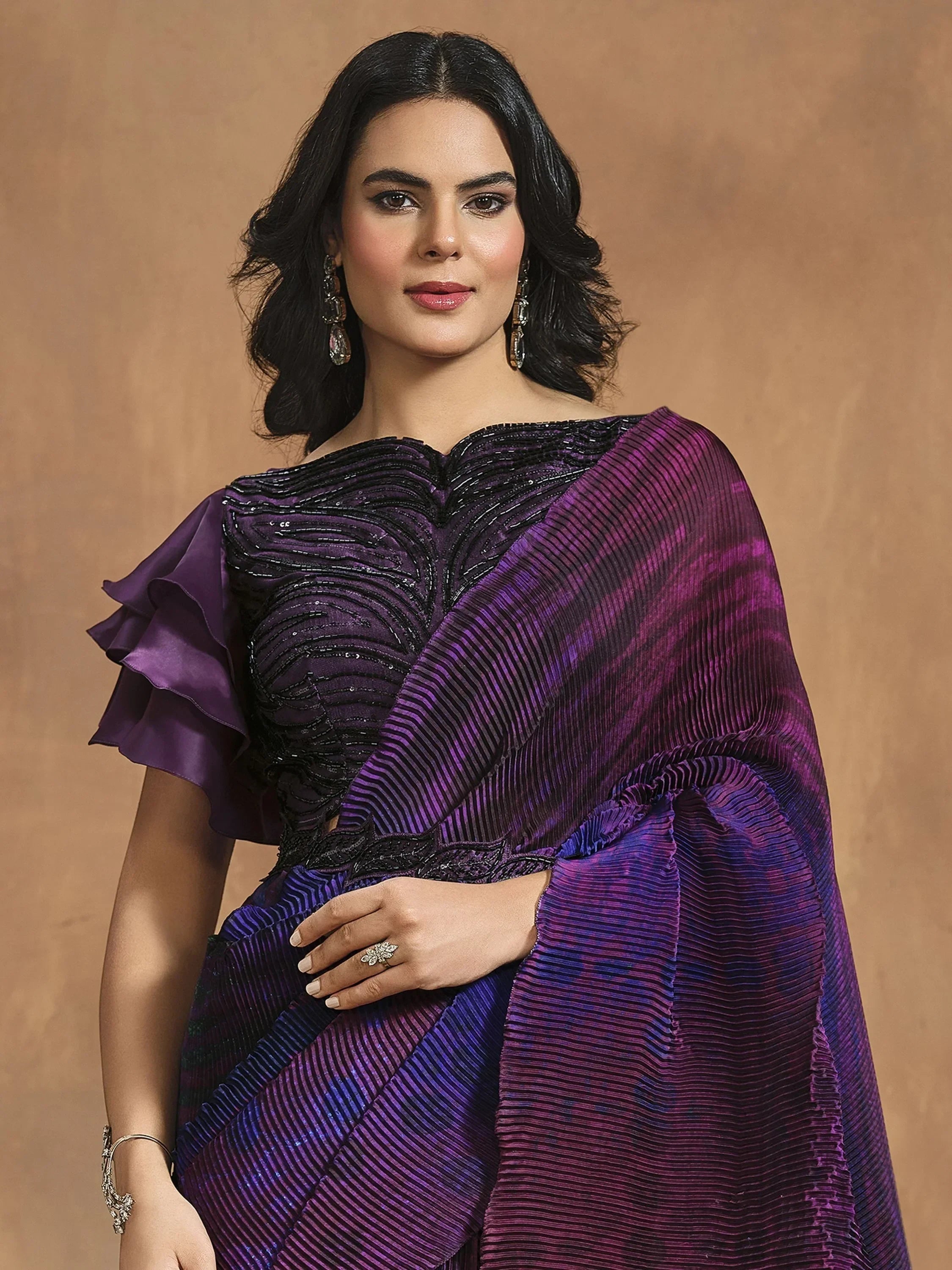 Wonderful Purple Pleated Satin Silk Ready To Wear Saree With Blouse