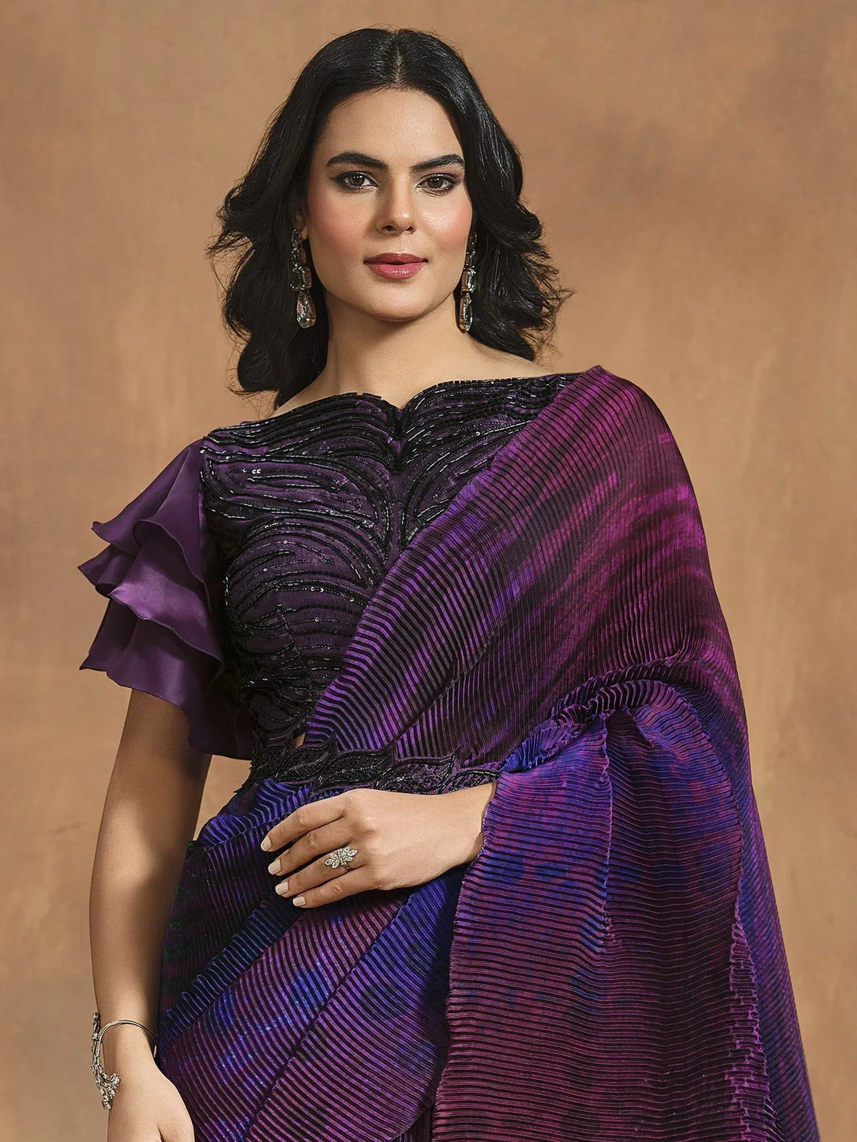 Purple pleated saree with black sequin blouse, ethnic Indian wear for women