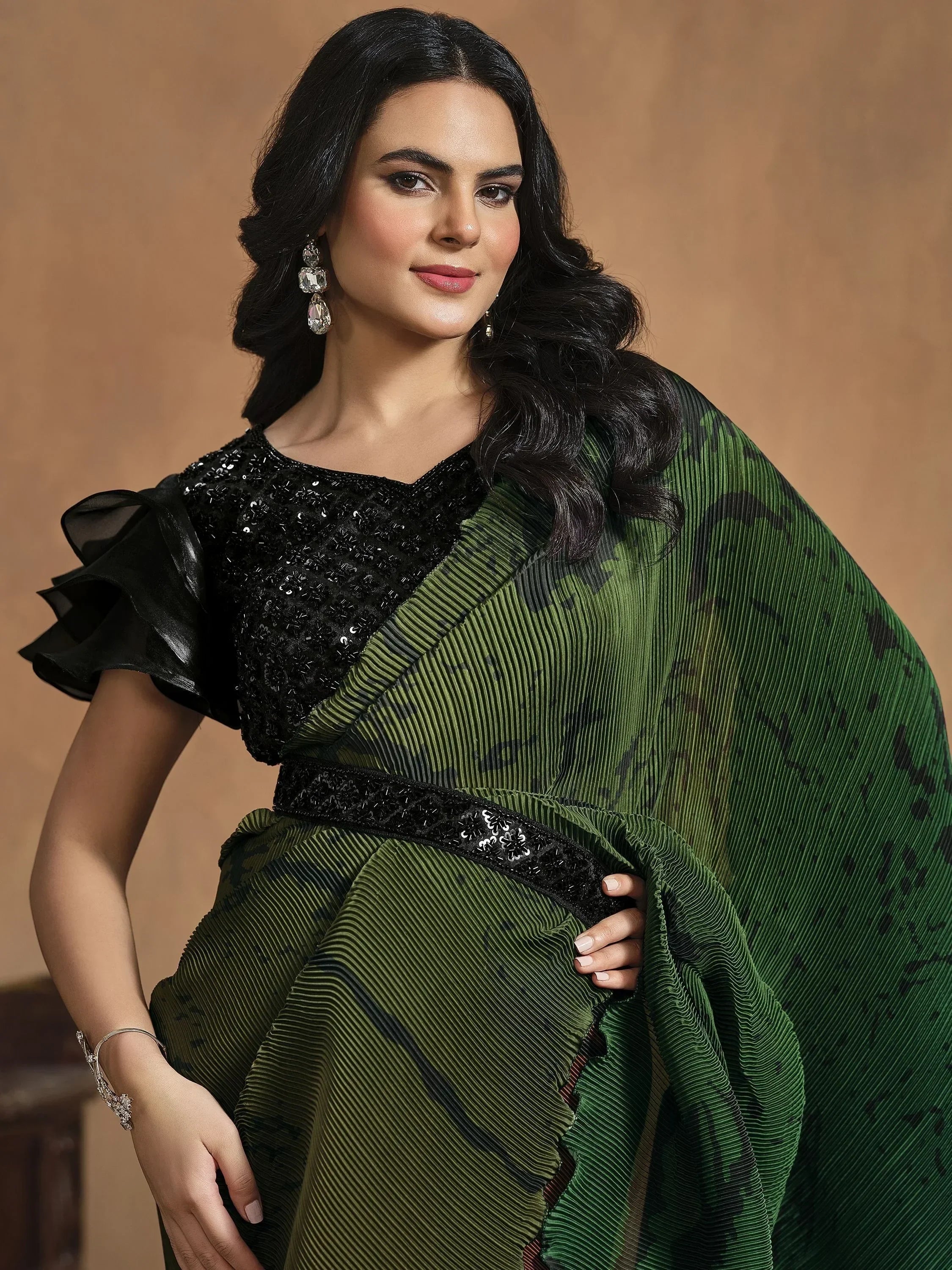 Alluring Green Pleated Satin Silk Ready To Wear Saree With Blouse