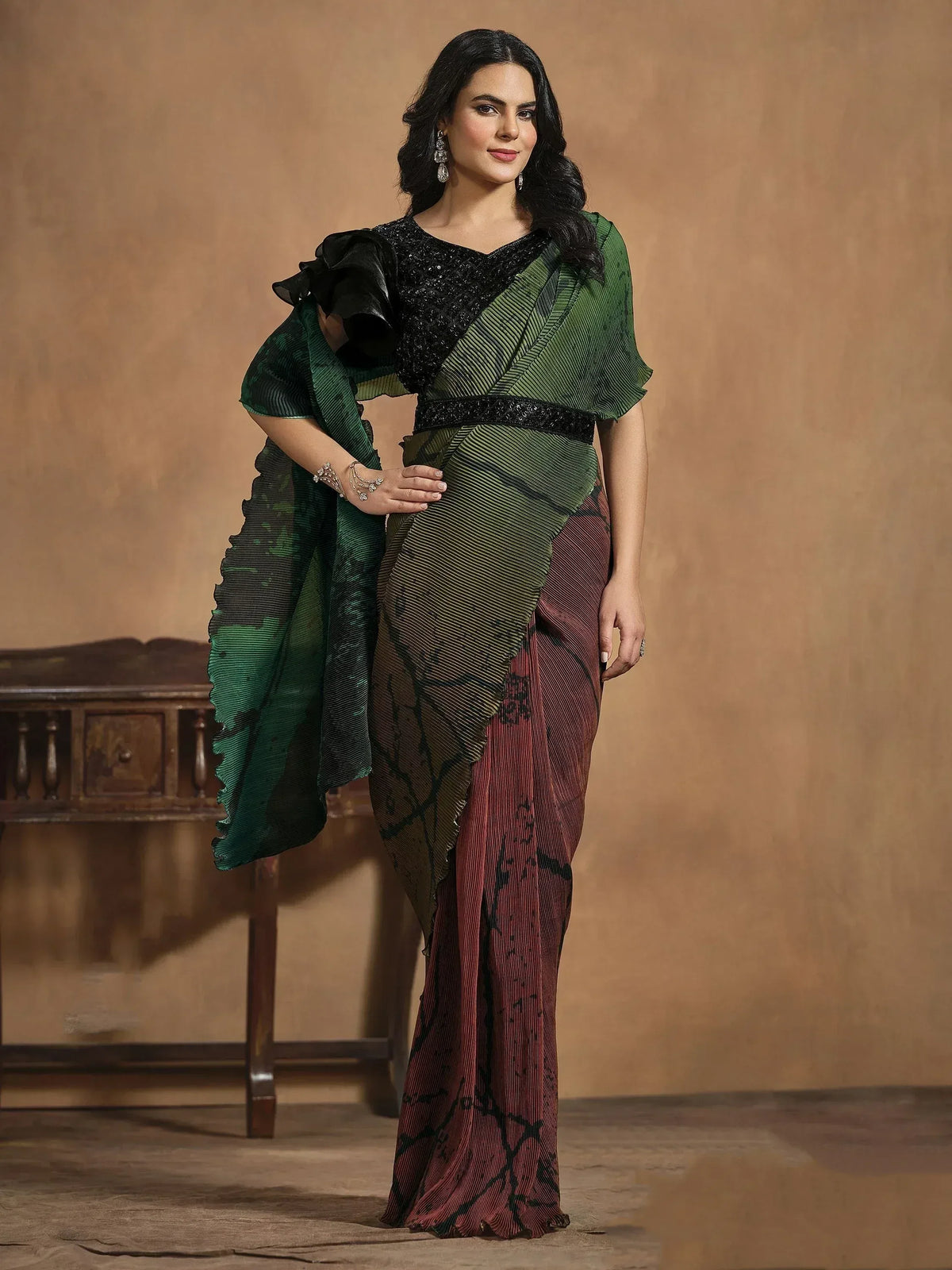 Green and maroon pleated saree with black sequin blouse, ethnic wear for women