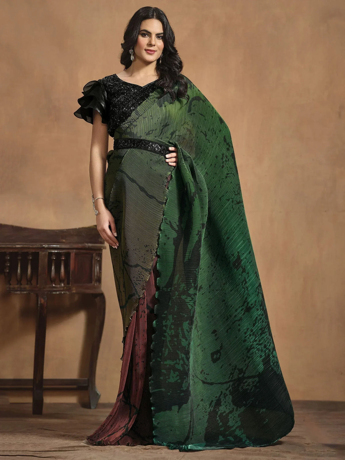 Green printed saree with black sequin blouse, ethnic wear for women