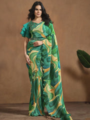 Unique Multi Color Pleated Satin Silk Ready To Wear Saree With Blouse
