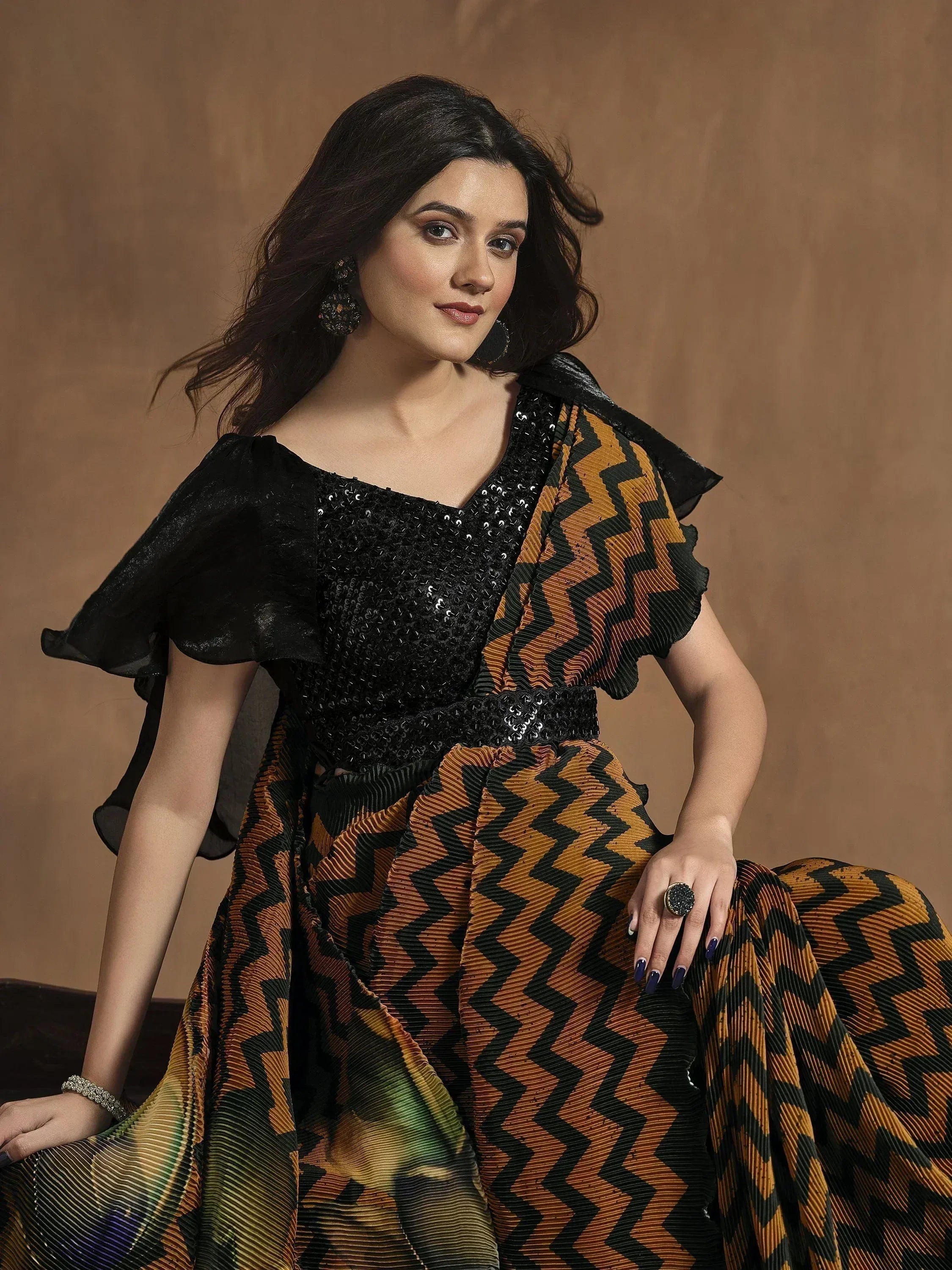 Black sequin top with mustard zigzag pleated skirt, ethnic gown for women