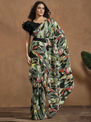 Loved Multi-Color Pleated Satin Silk Ready To Wear Saree With Blouse