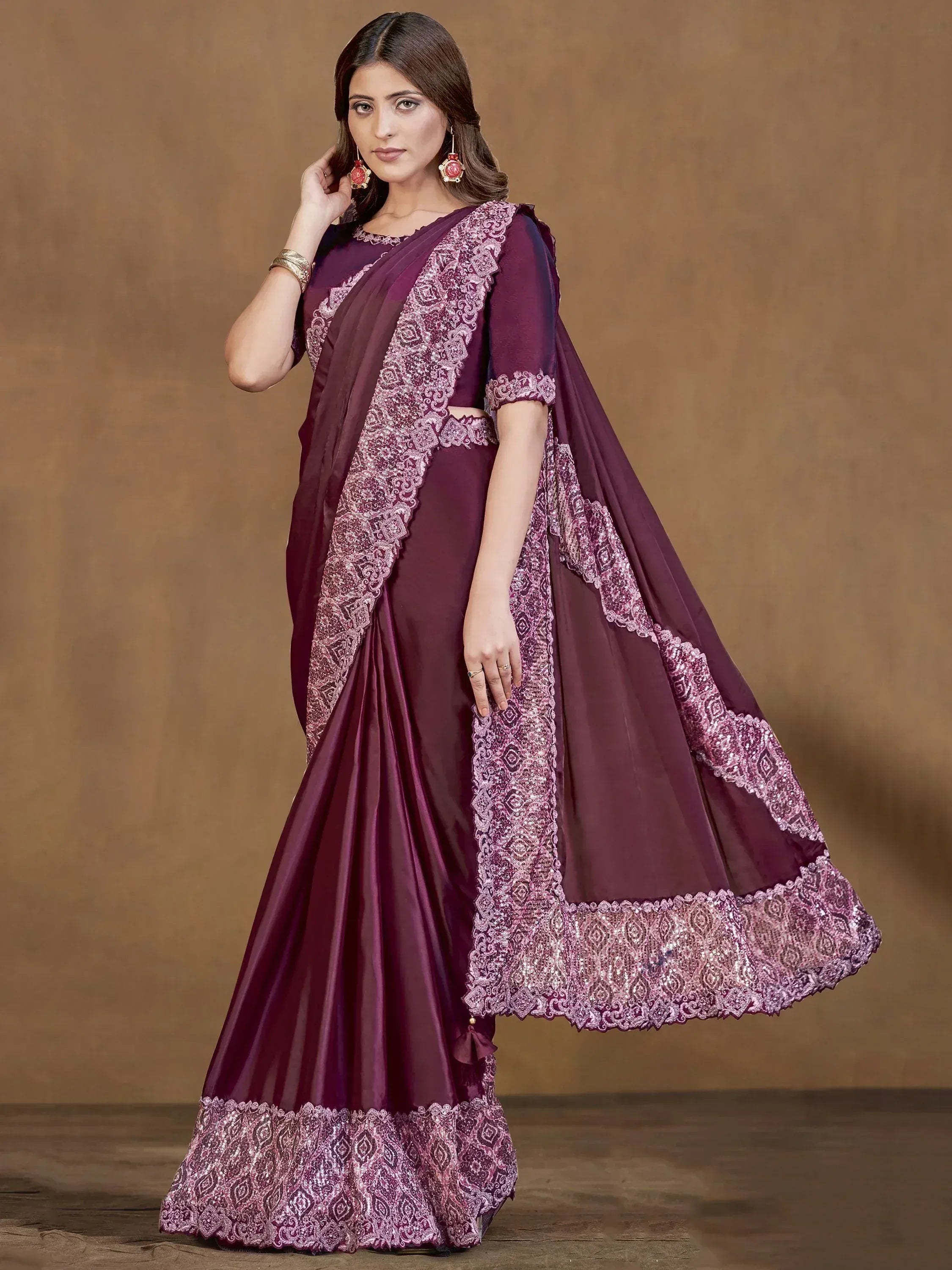 Purple designer lehenga choli with intricate lace and sequin work, perfect for Indian ethnic occasions