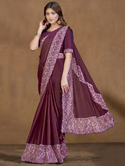 Winsome Wine Sequins Work Satin Silk Ready To Wear Saree With Blouse