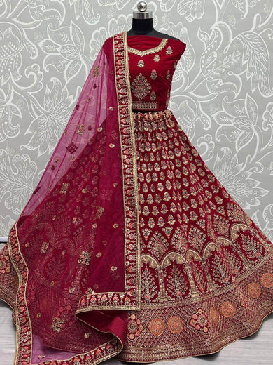Stunning Rani Pink Zari Work Velvet Bridal Wear Lehenga Choli