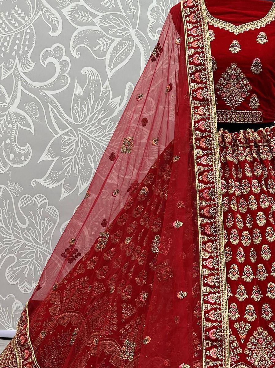 Red velvet lehenga choli with gold embroidery and sheer dupatta, Indian ethnic wear