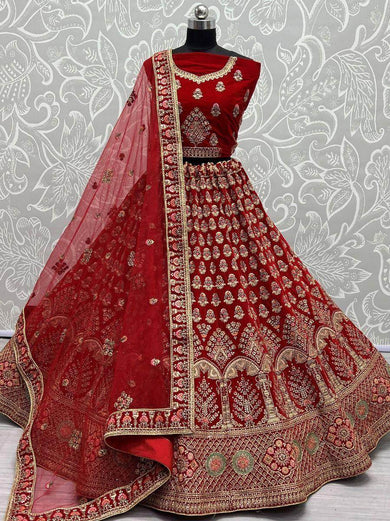 Gorgeous Scarlette Red Mutli-thread Embroidered Velvet Bridal Lehenga Choli
