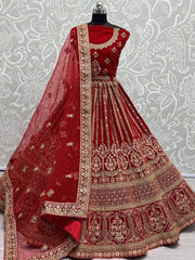 Beauteous Red Zari Embroidery Velvet Bridal Wear Lehenga Choli