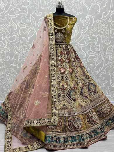 Winsome Mehendi Green Multi-Thread Embroidery Velvet Bridal Wear Lehenga Choli