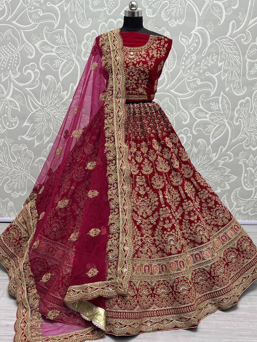 Red and gold embroidered lehenga choli with dupatta, Indian ethnic wear for weddings and festivals