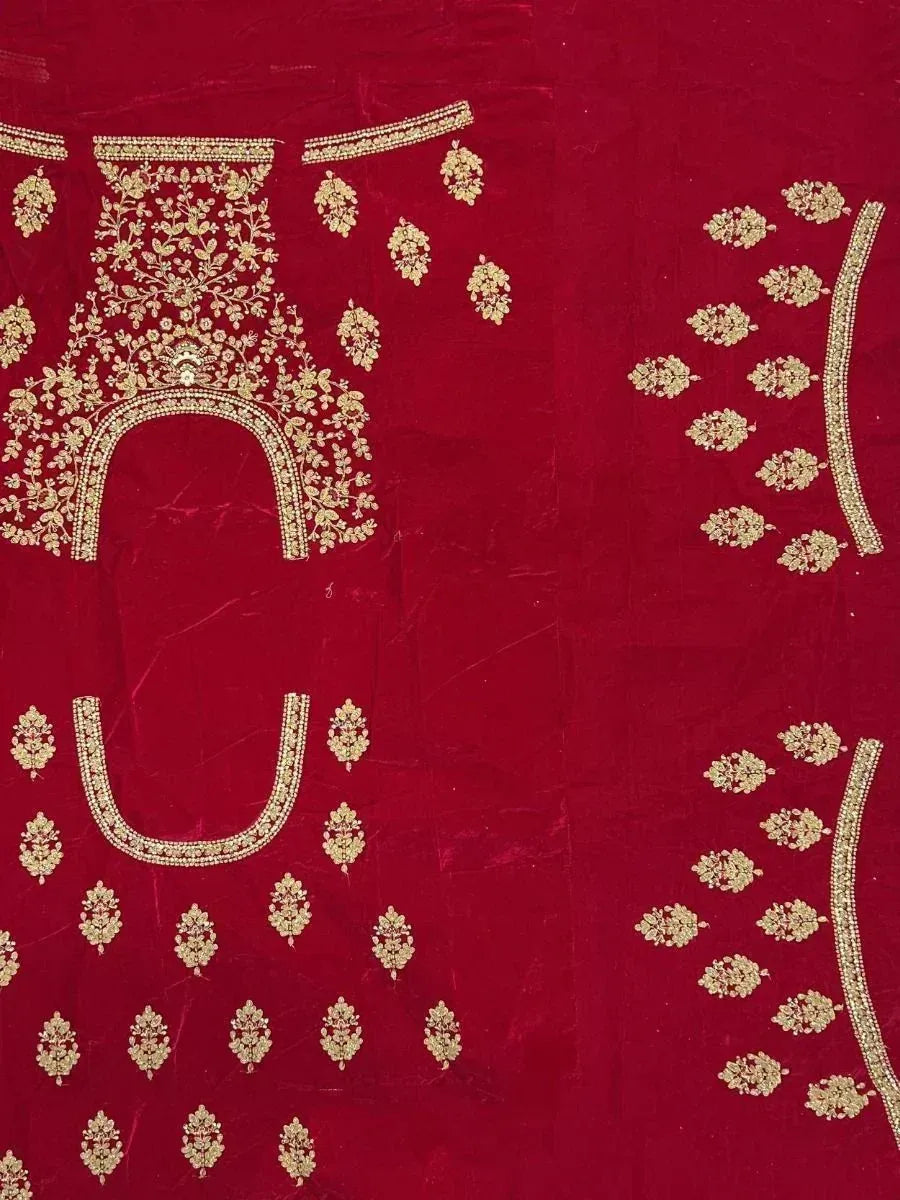 Red velvet lehenga choli with gold floral embroidery and embellished border details