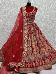 Remarkable Scarlet Red Zari Embroidery Velvet Bridal Lehenga Choli