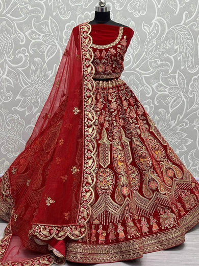 Remarkable Scarlet Red Zari Embroidery Velvet Bridal Lehenga Choli