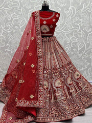 Impressive Red Multi-thread Embroidery Velvet Bridal Lehenga Choli