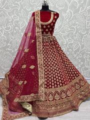 Splendid Red Zari Embroidery Velvet Bridal Wear Lehenga Choli