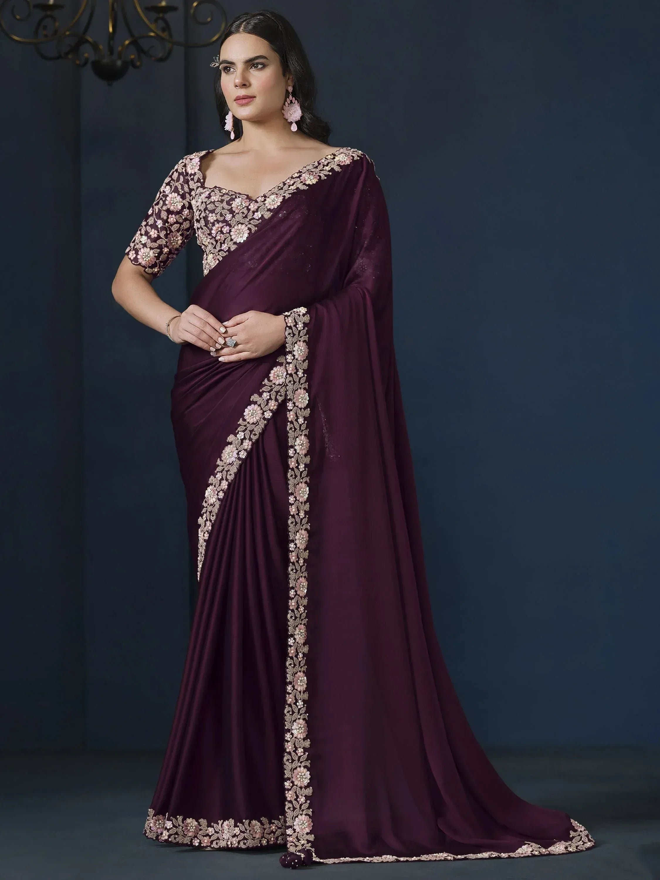 Elegant maroon saree with floral embroidery, perfect for Indian ethnic occasions and weddings.