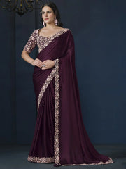 Cute Wine Color Sequins Satin Chiffon Function Wear Saree With Blouse