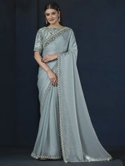 Magnetic Powder Blue Sequins Satin Silk Event Wear Saree With Blouse